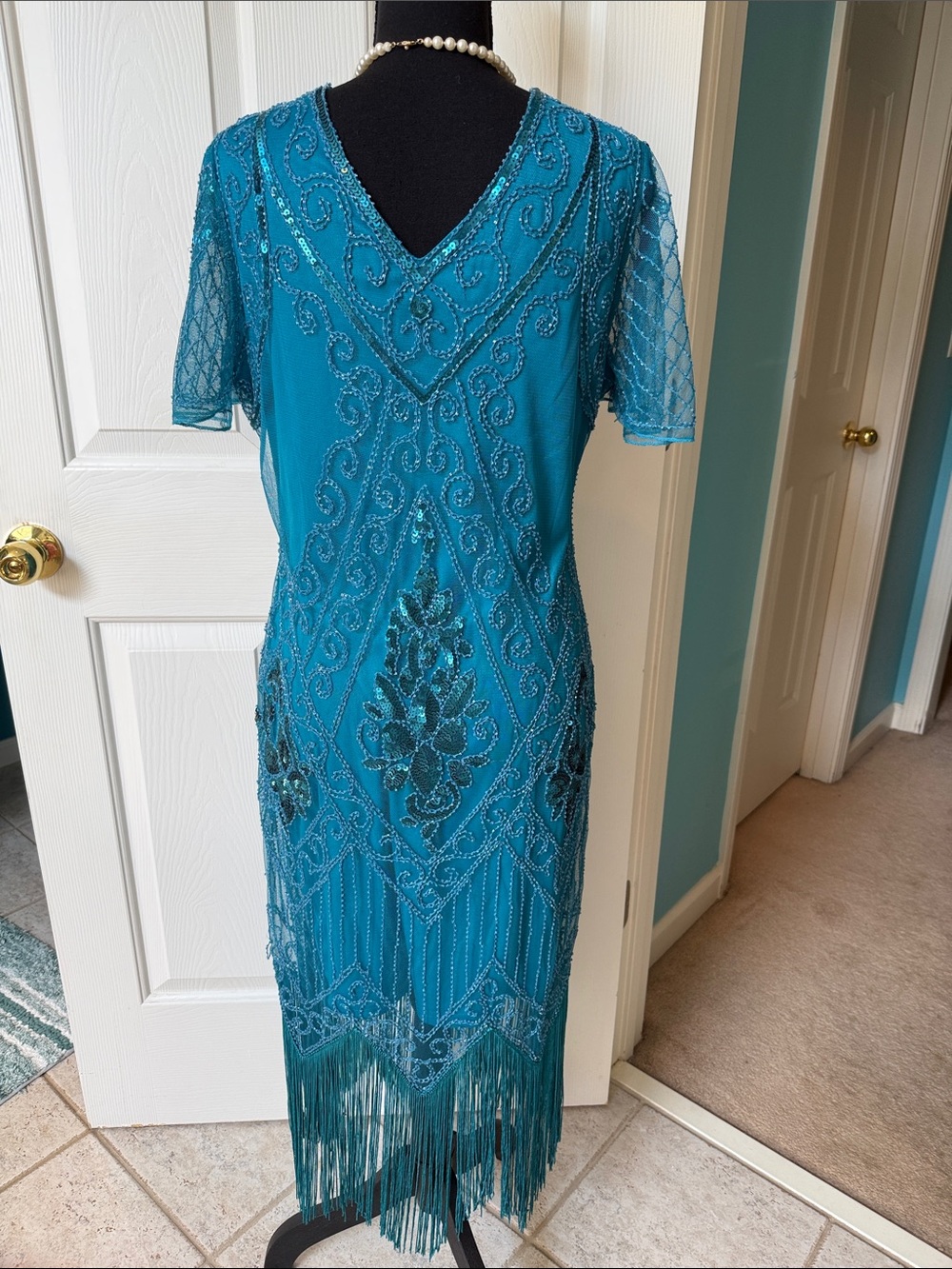 Flapper Style Teal Beaded Fringe Evening Dress - Picture 6 of 7